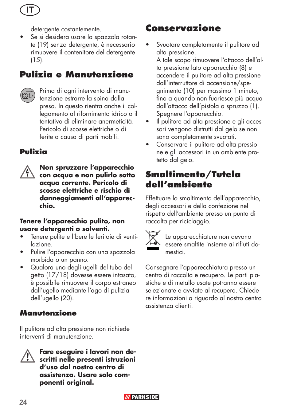 Conservazione, Pulizia e manutenzione, Smaltimento/tutela dell’ambiente | Parkside PHD 150 B2 User Manual | Page 24 / 66