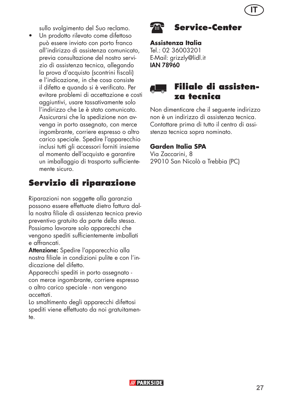 Servizio di riparazione, Service-center, Filiale di assisten- za tecnica | Parkside PHD 150 B2 User Manual | Page 27 / 66
