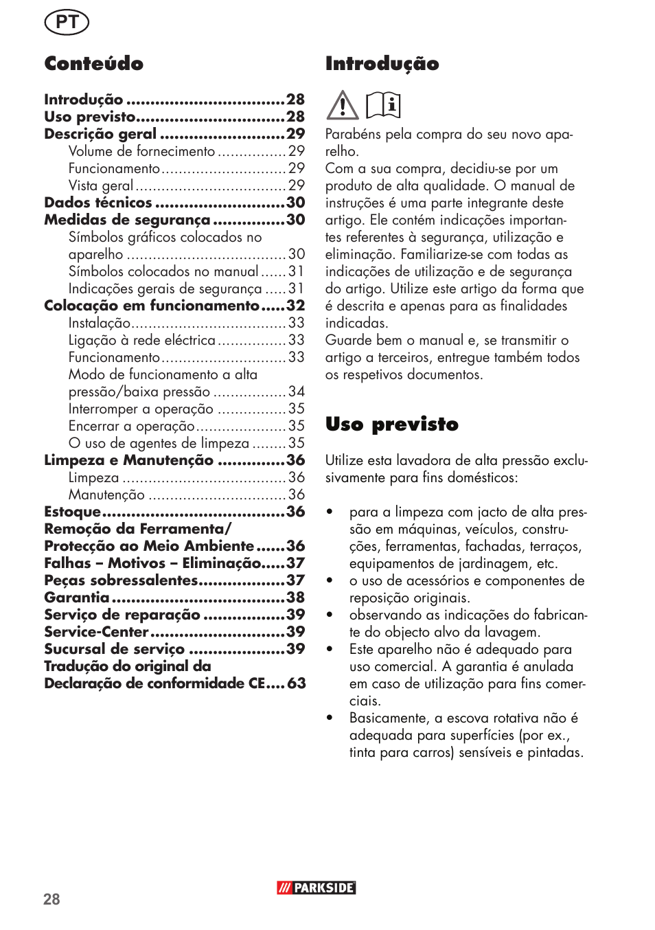 Pt introdução, Uso previsto, Conteúdo | Parkside PHD 150 B2 User Manual | Page 28 / 66