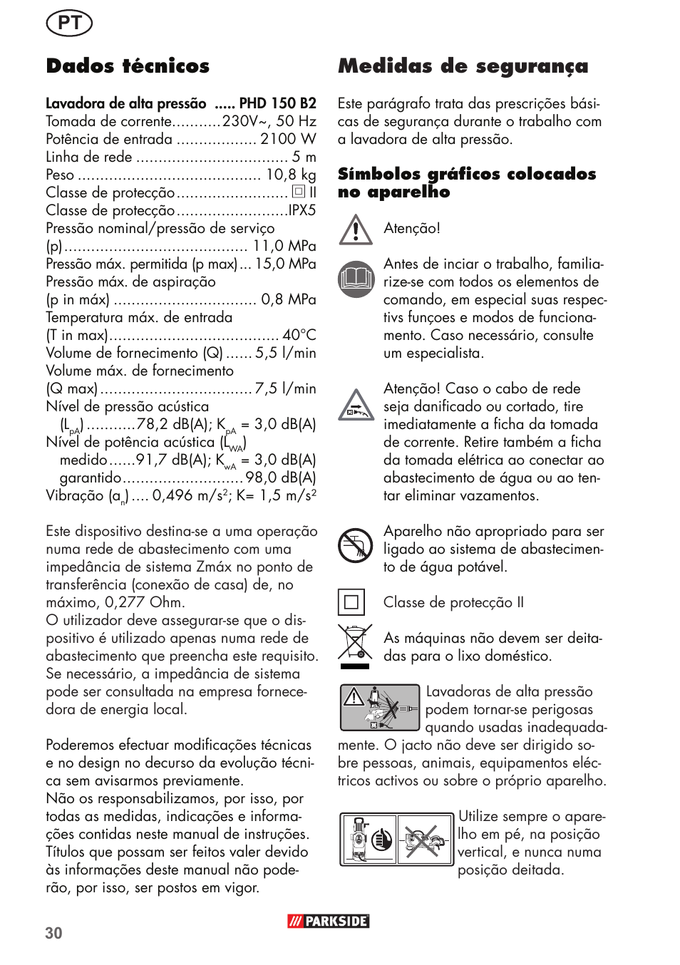Pt dados técnicos, Medidas de segurança | Parkside PHD 150 B2 User Manual | Page 30 / 66