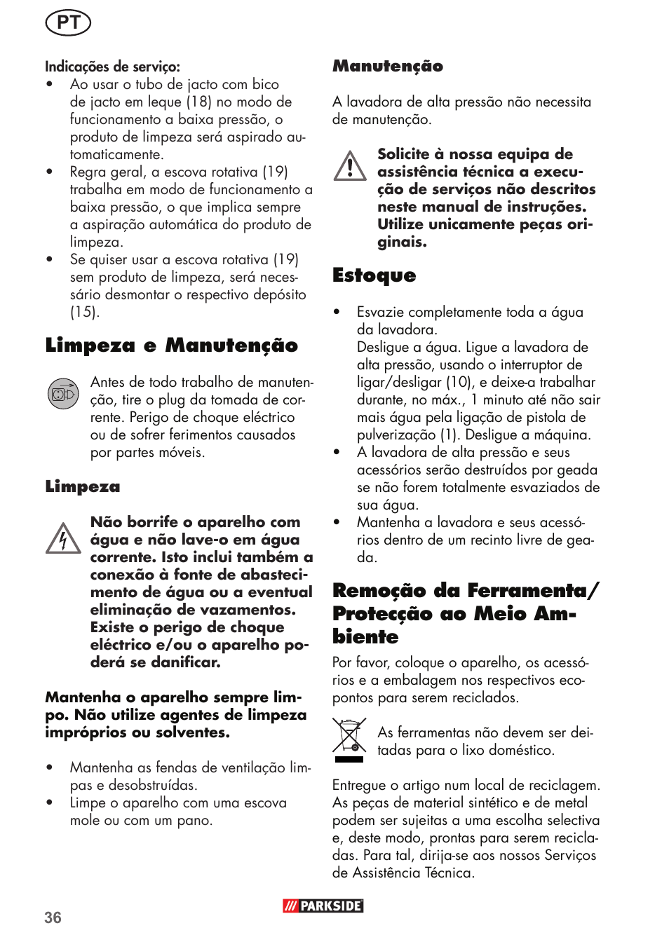 Limpeza e manutenção, Estoque | Parkside PHD 150 B2 User Manual | Page 36 / 66