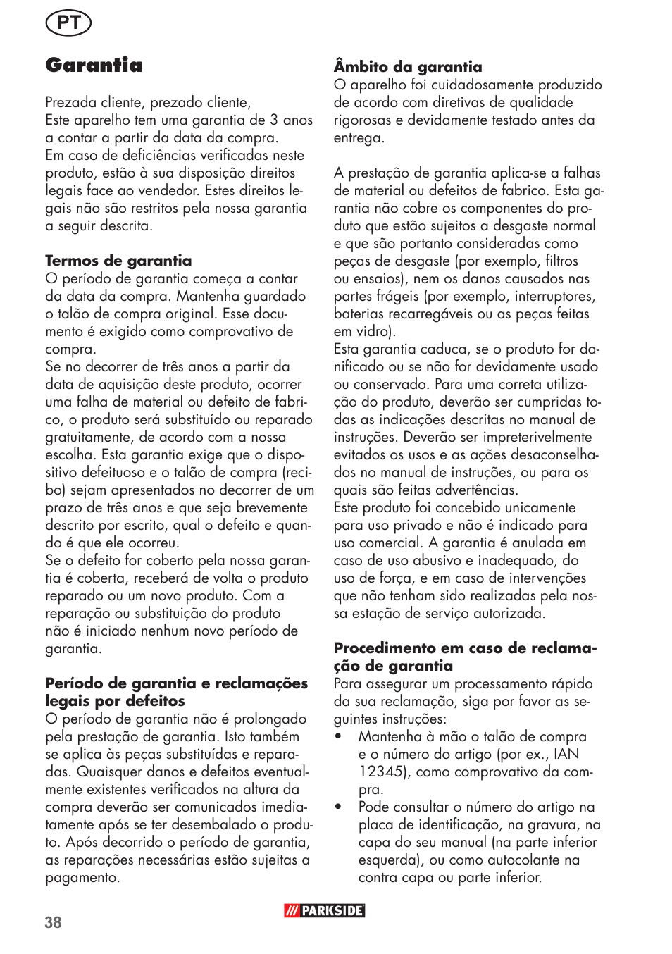 Pt garantia | Parkside PHD 150 B2 User Manual | Page 38 / 66