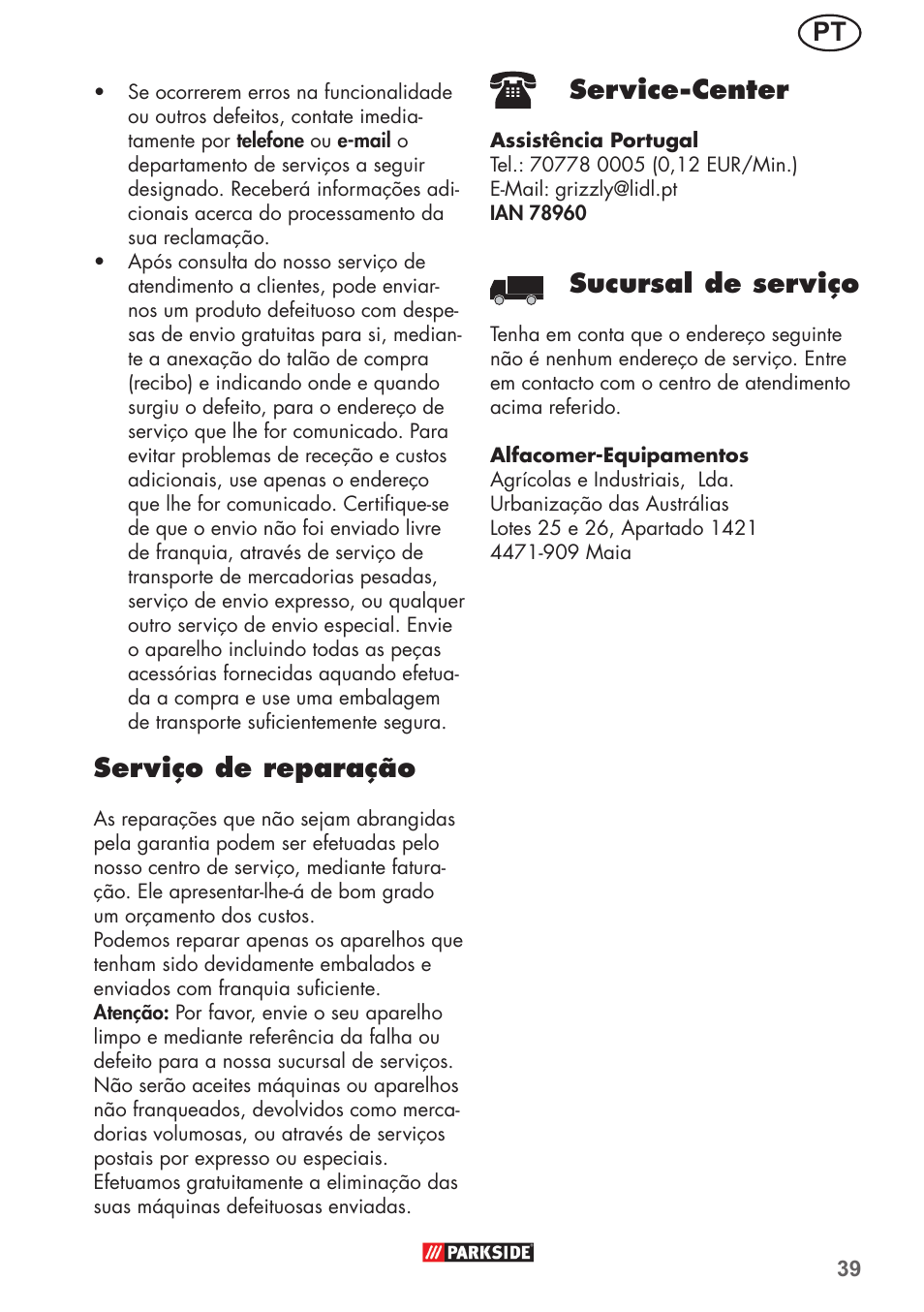 Serviço de reparação, Service-center, Sucursal de serviço | Parkside PHD 150 B2 User Manual | Page 39 / 66