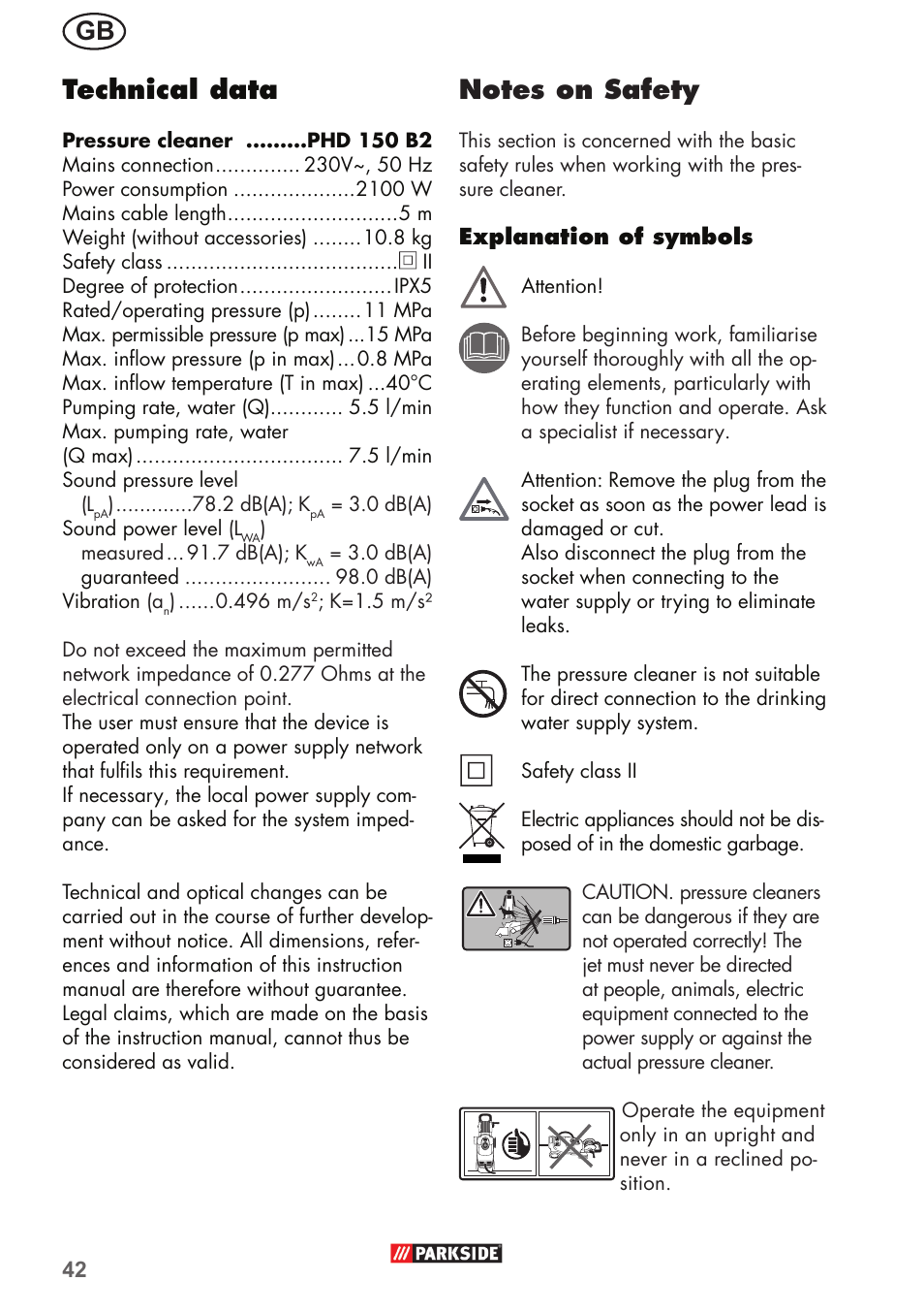 Gb technical data | Parkside PHD 150 B2 User Manual | Page 42 / 66