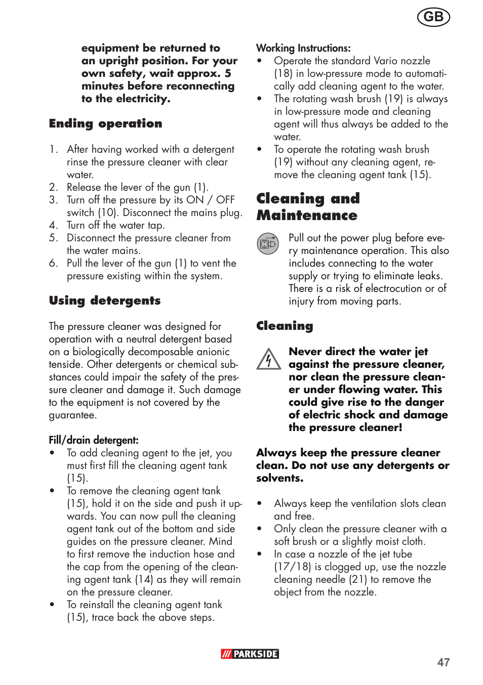 Cleaning and maintenance | Parkside PHD 150 B2 User Manual | Page 47 / 66