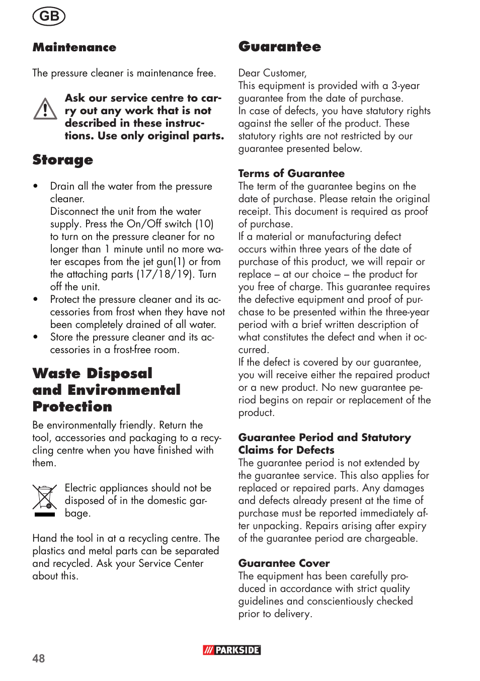 Storage, Waste disposal and environmental protection, Guarantee | Parkside PHD 150 B2 User Manual | Page 48 / 66