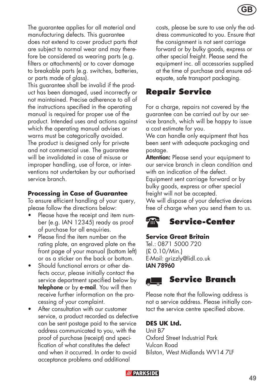 Repair service, Service-center, Service branch | Parkside PHD 150 B2 User Manual | Page 49 / 66