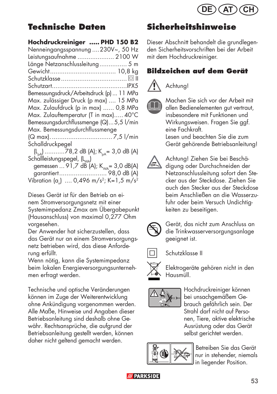 Ch at de technische daten, Sicherheitshinweise | Parkside PHD 150 B2 User Manual | Page 53 / 66