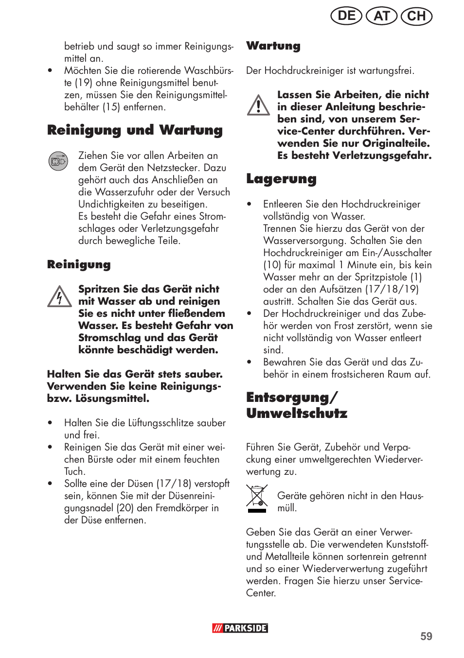 Ch at de, Reinigung und wartung, Lagerung | Entsorgung/ umweltschutz | Parkside PHD 150 B2 User Manual | Page 59 / 66