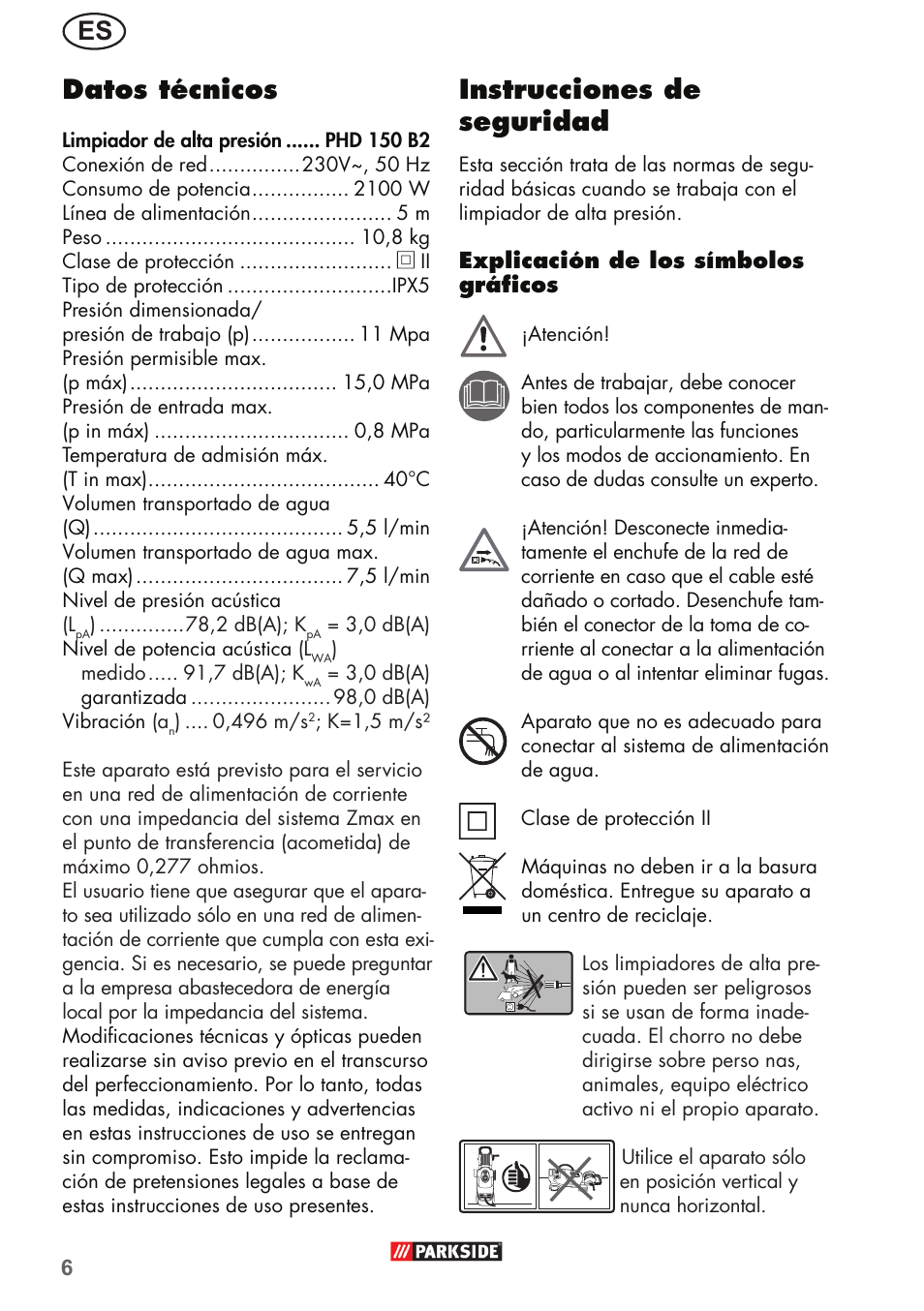 Es datos técnicos, Instrucciones de seguridad | Parkside PHD 150 B2 User Manual | Page 6 / 66