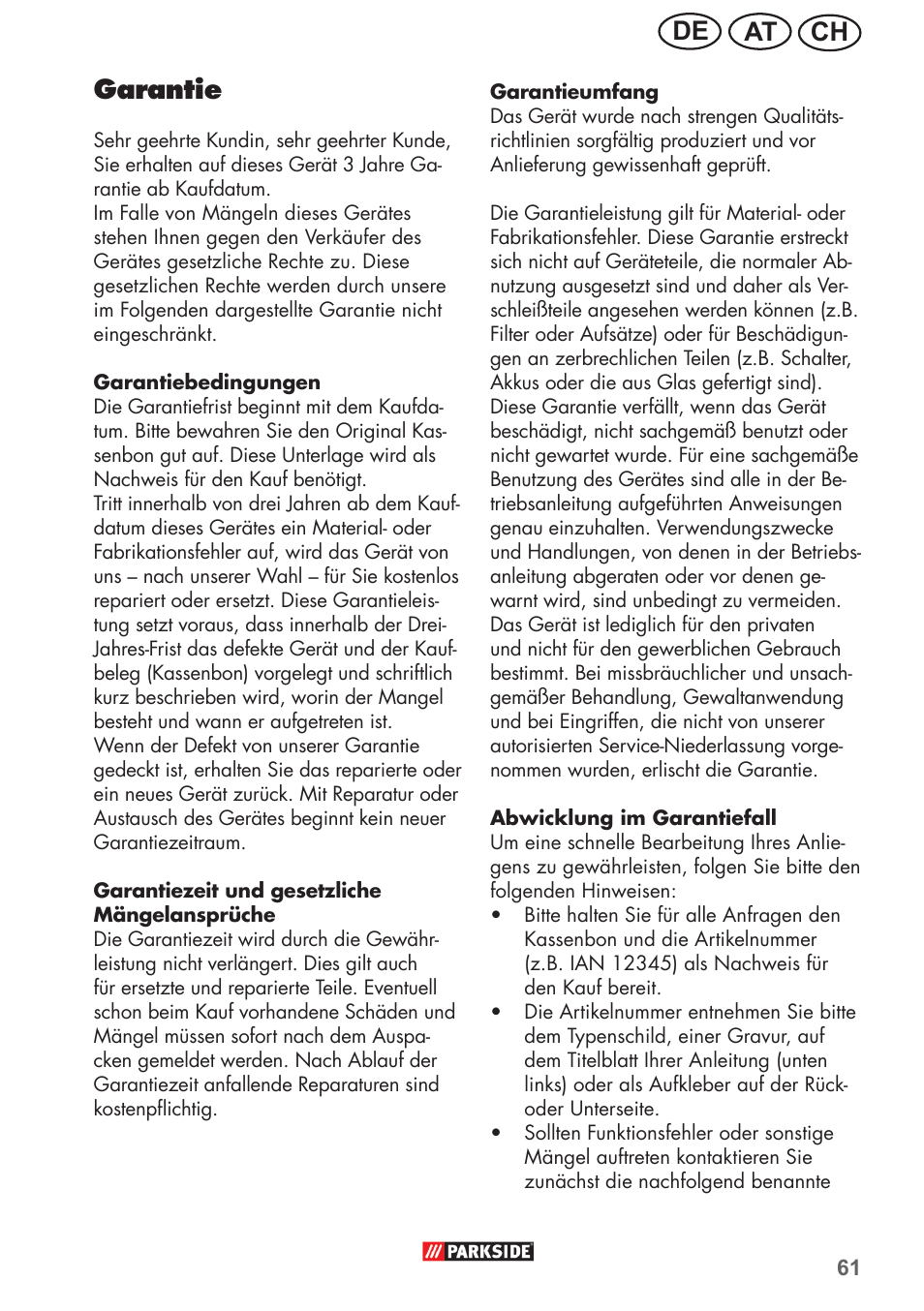 Ch at de garantie | Parkside PHD 150 B2 User Manual | Page 61 / 66