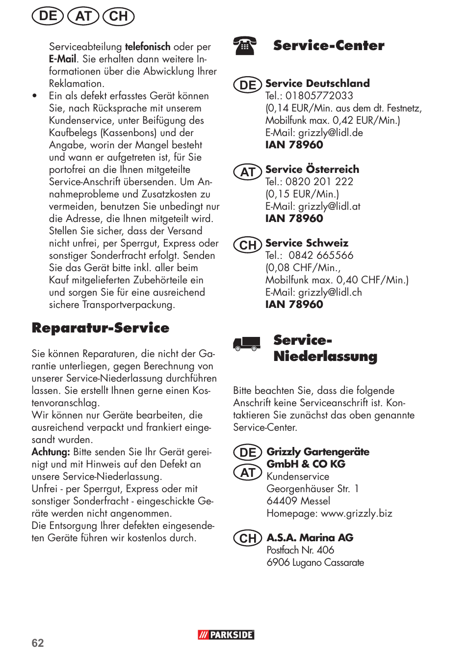 Ch at de, Reparatur-service, Service-center | Service- niederlassung | Parkside PHD 150 B2 User Manual | Page 62 / 66