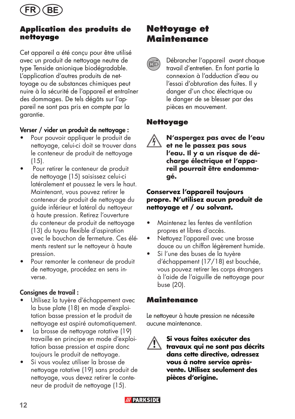 Be fr, Nettoyage, Et maintenance | Parkside PHD 150 B2 User Manual | Page 12 / 54