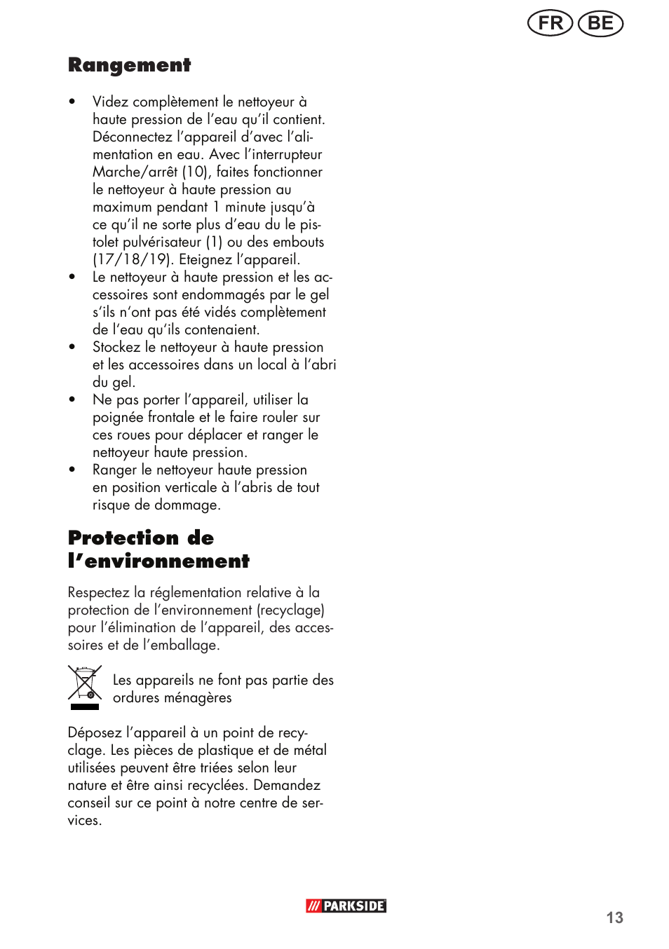 Be fr rangement, Protection de l’environnement | Parkside PHD 150 B2 User Manual | Page 13 / 54