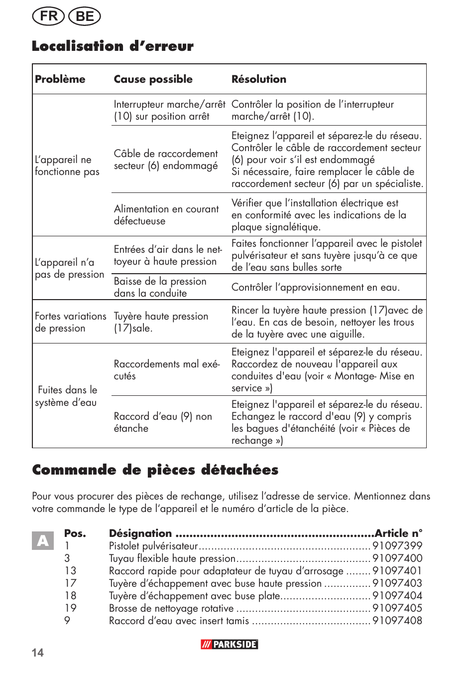 Be fr localisation d’erreur, Commande de pièces détachées | Parkside PHD 150 B2 User Manual | Page 14 / 54