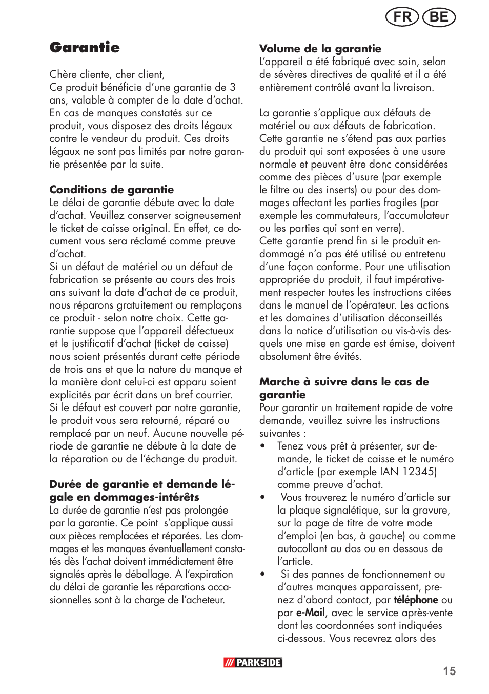 Be fr garantie | Parkside PHD 150 B2 User Manual | Page 15 / 54