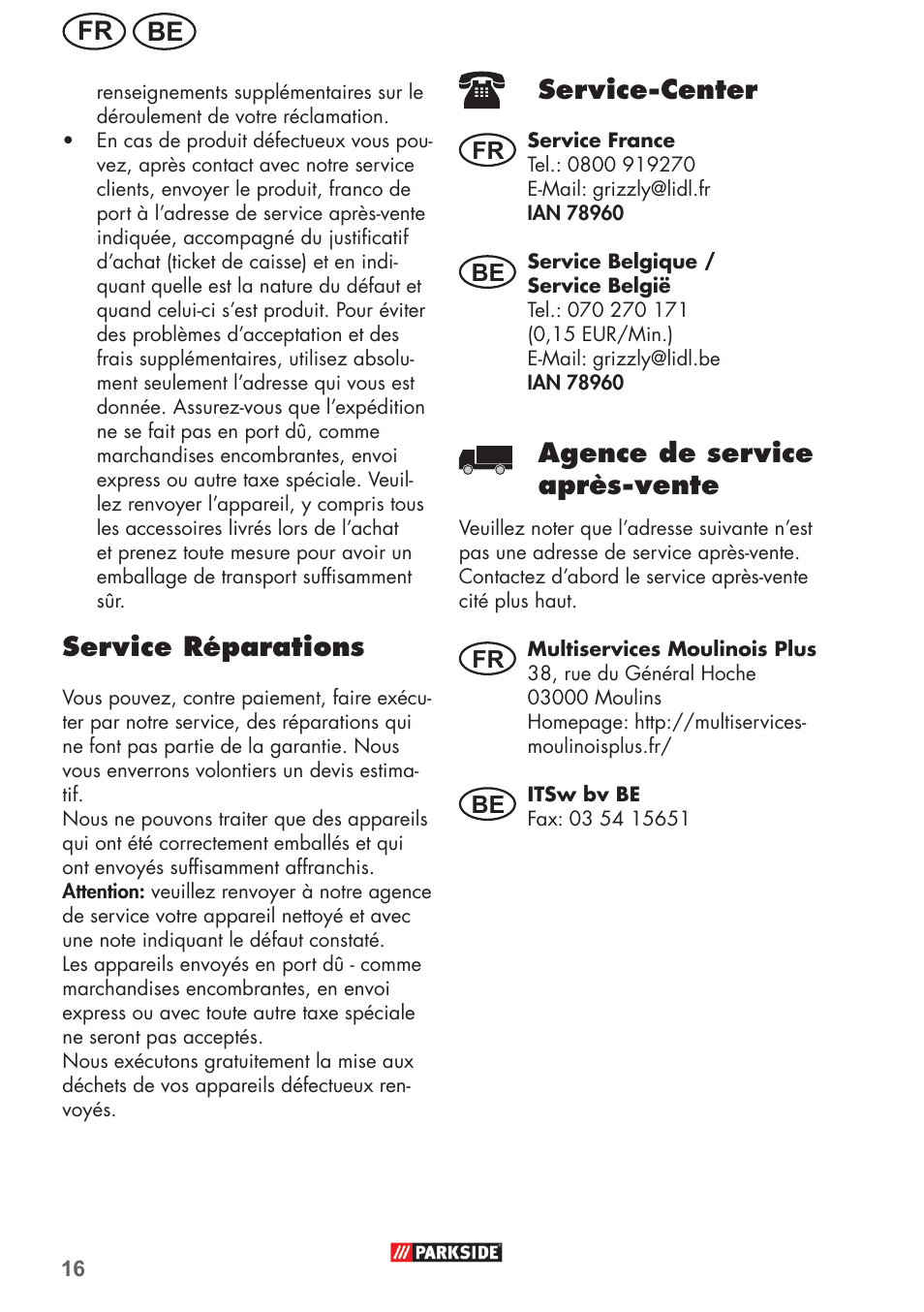 Be fr, Service réparations, Service-center | Agence de service après-vente | Parkside PHD 150 B2 User Manual | Page 16 / 54