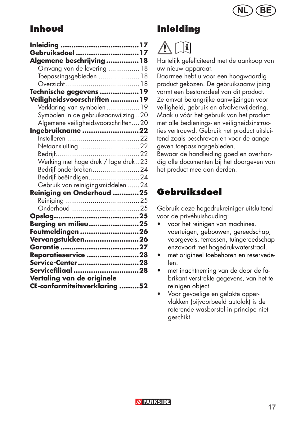 Be nl inleiding, Gebruiksdoel, Inhoud | Parkside PHD 150 B2 User Manual | Page 17 / 54