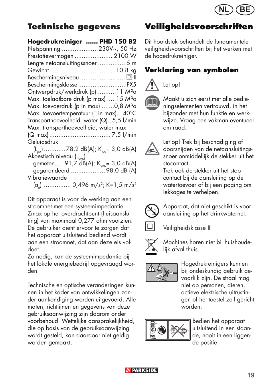 Be nl technische gegevens, Veiligheidsvoorschriften | Parkside PHD 150 B2 User Manual | Page 19 / 54