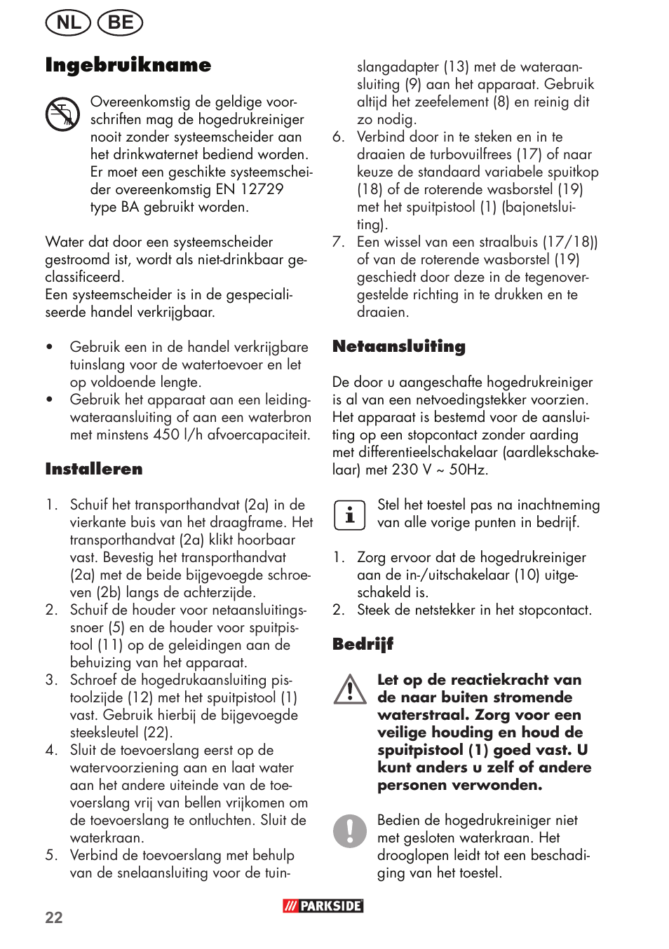 Nl be ingebruikname | Parkside PHD 150 B2 User Manual | Page 22 / 54