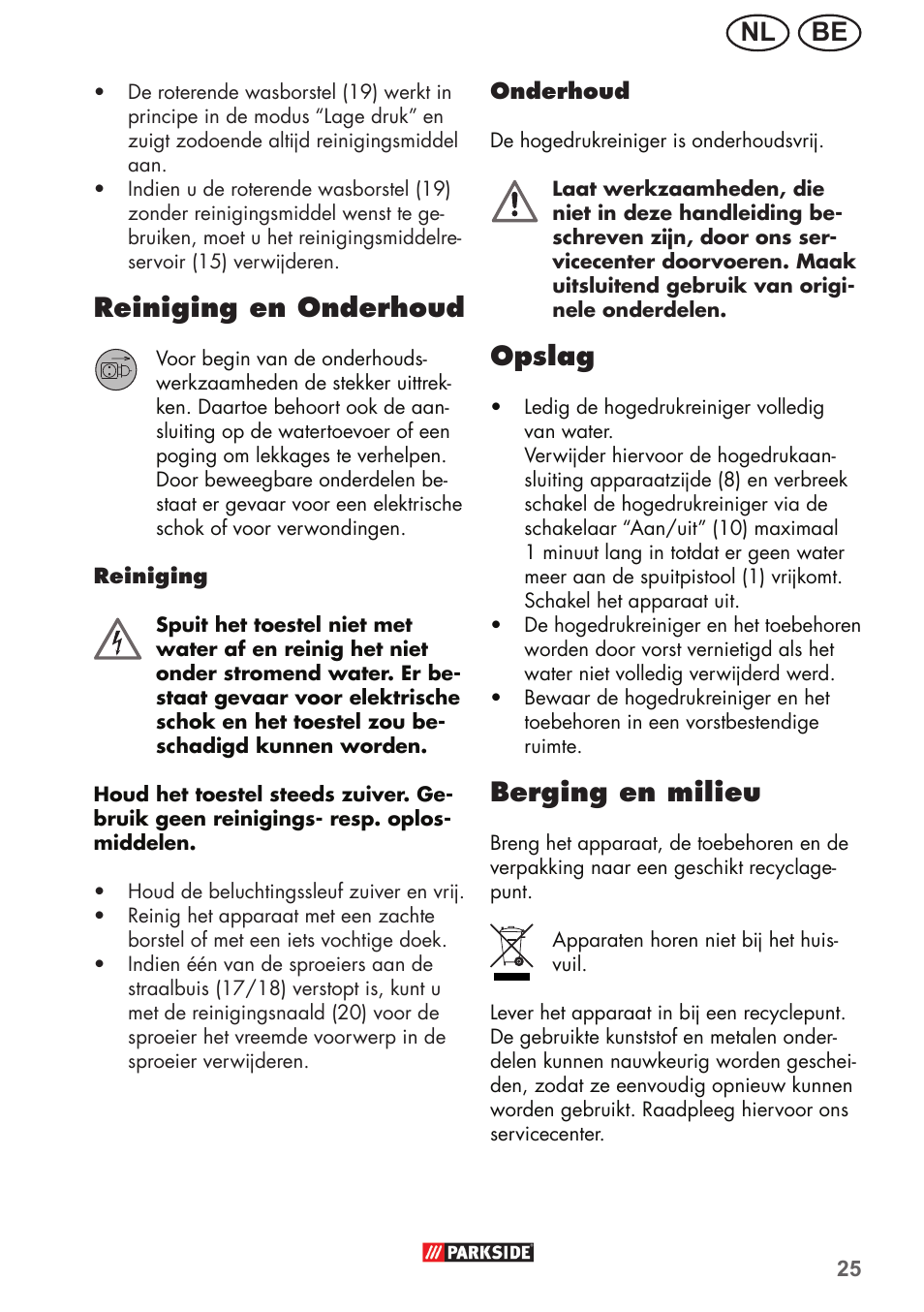 Be nl, Reiniging en onderhoud, Opslag | Berging en milieu | Parkside PHD 150 B2 User Manual | Page 25 / 54