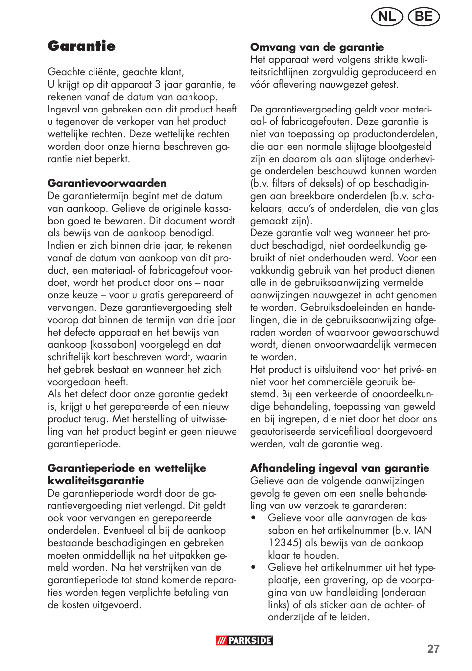 Be nl garantie | Parkside PHD 150 B2 User Manual | Page 27 / 54