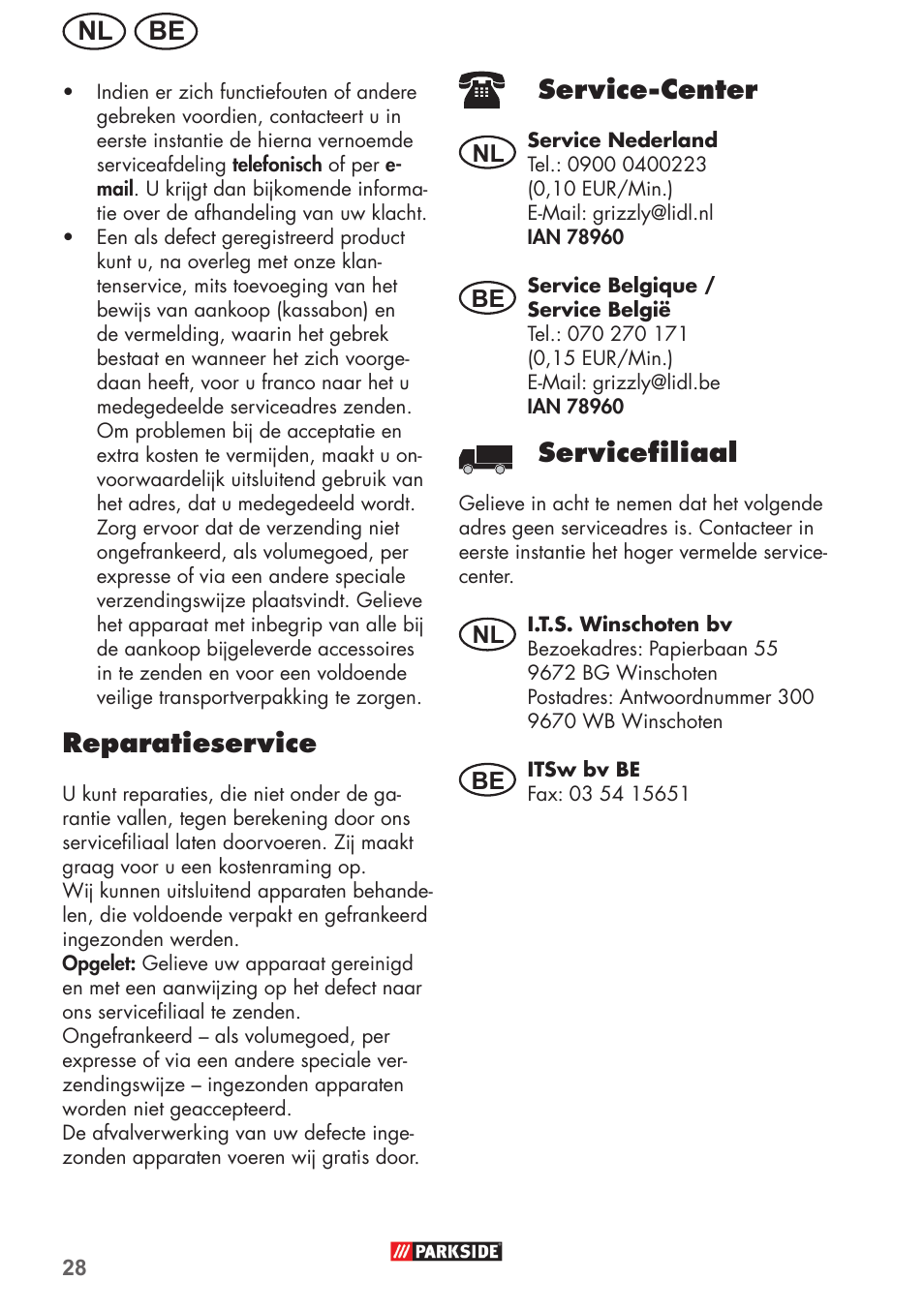 Nl be, Reparatieservice, Service-center | Servicefiliaal | Parkside PHD 150 B2 User Manual | Page 28 / 54