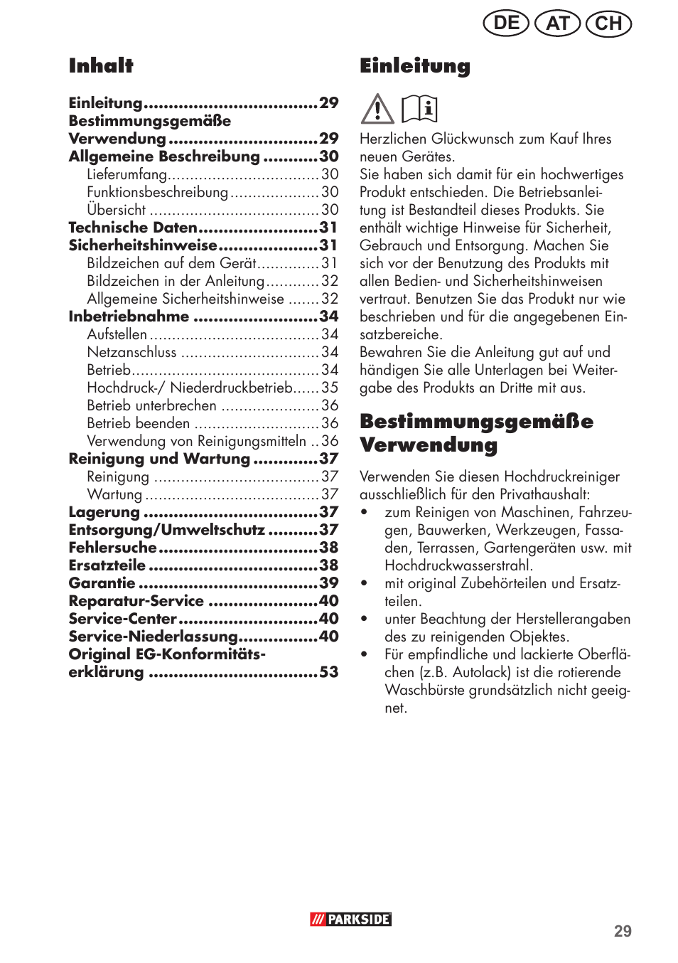Ch at de einleitung, Bestimmungsgemäße verwendung, Inhalt | Parkside PHD 150 B2 User Manual | Page 29 / 54