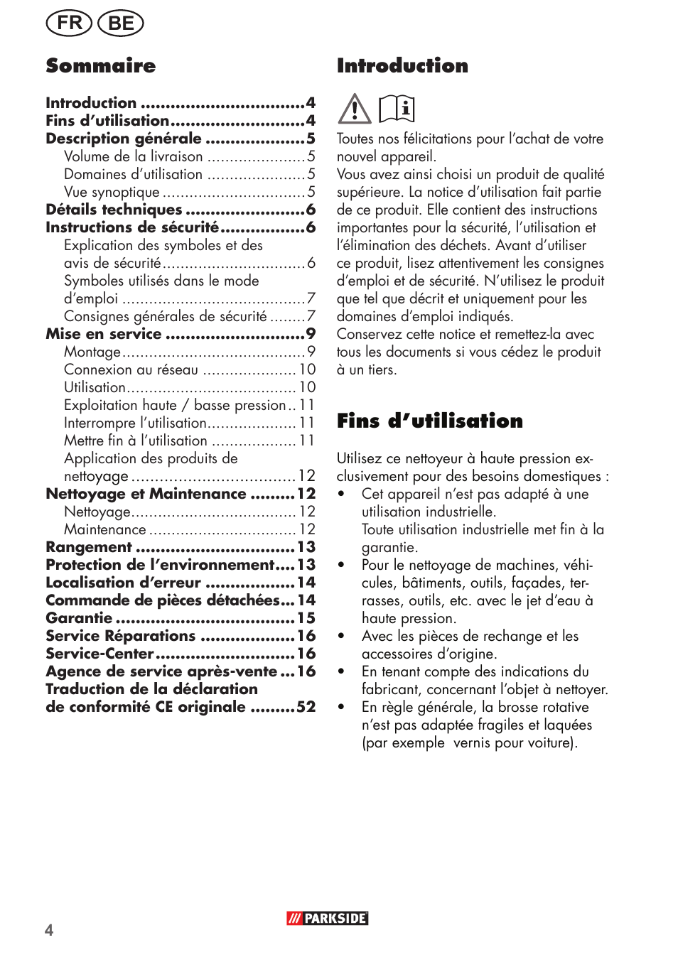 Be fr introduction, Fins d’utilisation, Sommaire | Parkside PHD 150 B2 User Manual | Page 4 / 54