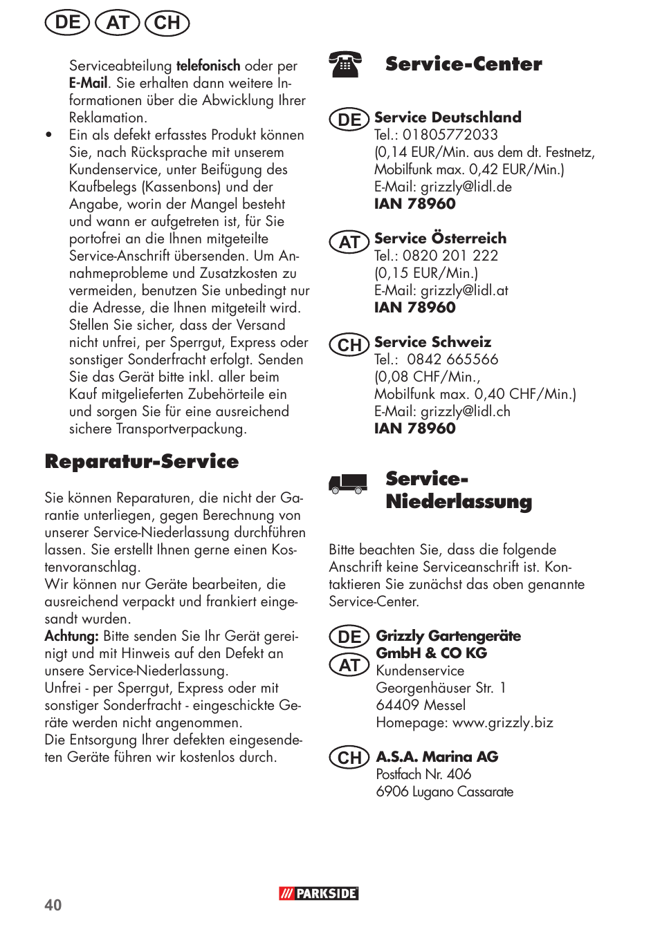 Ch at de, Reparatur-service, Service-center | Service- niederlassung | Parkside PHD 150 B2 User Manual | Page 40 / 54