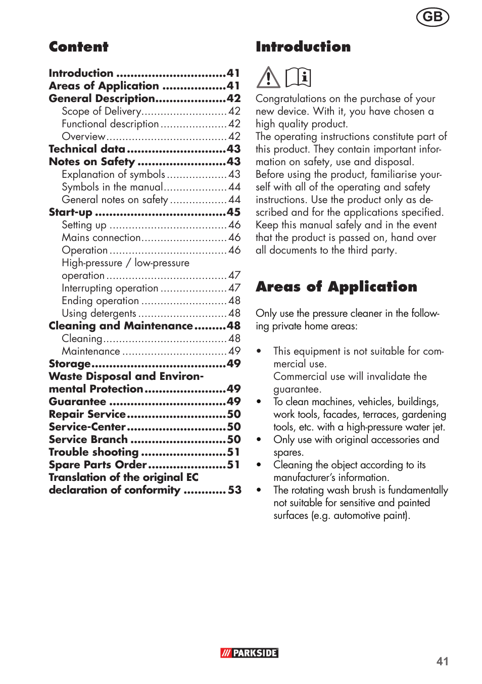 Gb introduction, Areas of application, Content | Parkside PHD 150 B2 User Manual | Page 41 / 54