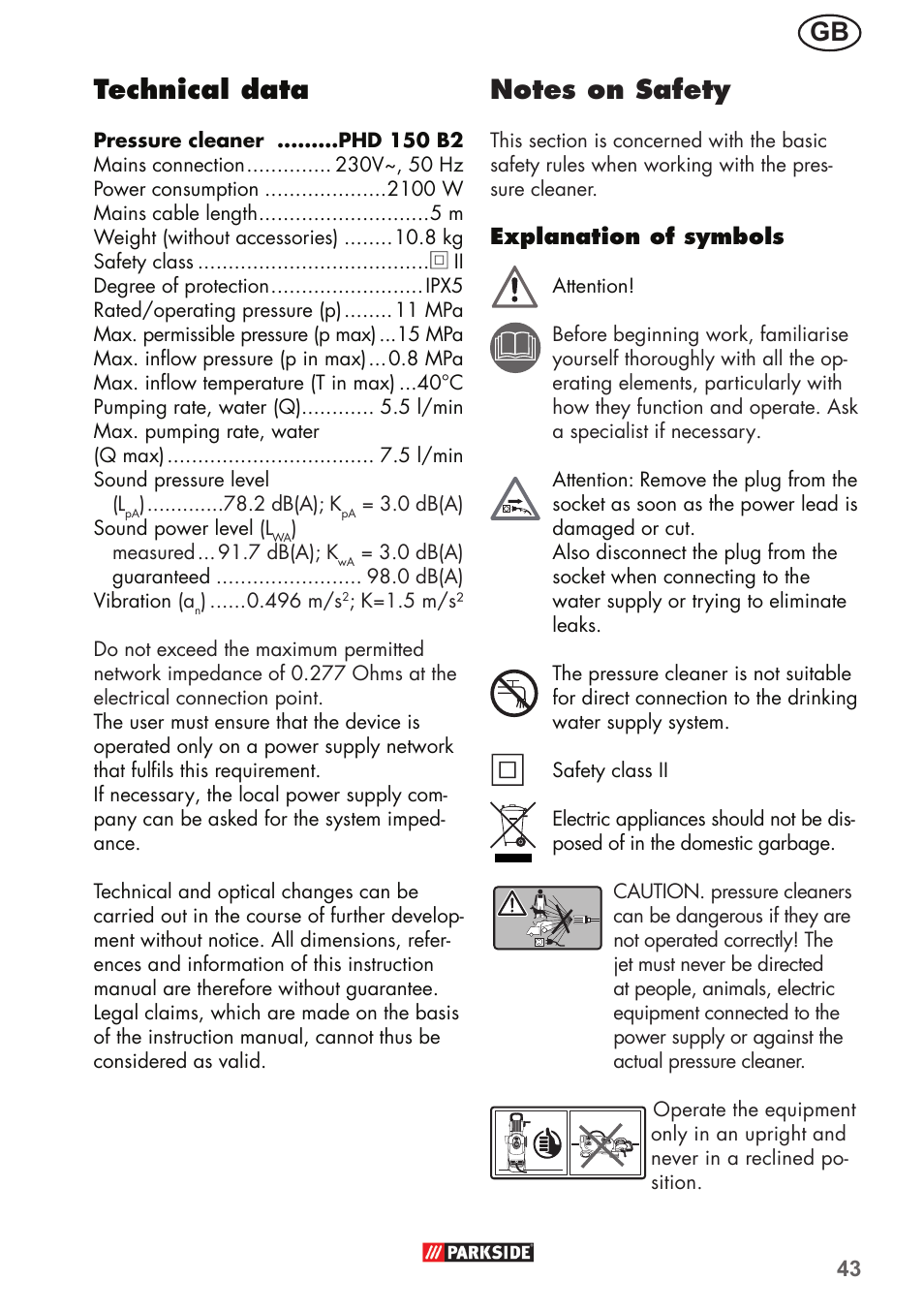 Gb technical data | Parkside PHD 150 B2 User Manual | Page 43 / 54