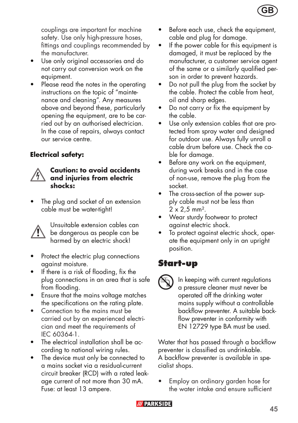 Start-up | Parkside PHD 150 B2 User Manual | Page 45 / 54