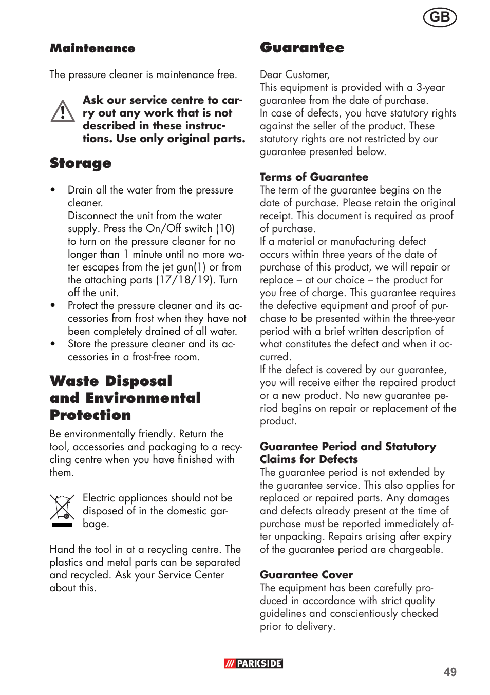 Storage, Waste disposal and environmental protection, Guarantee | Parkside PHD 150 B2 User Manual | Page 49 / 54