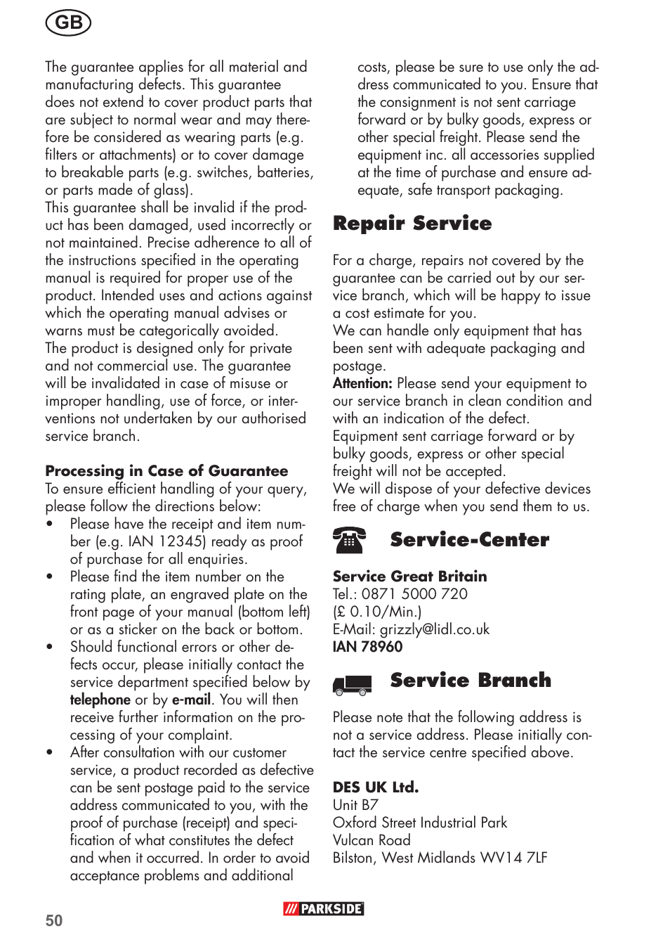 Repair service, Service-center, Service branch | Parkside PHD 150 B2 User Manual | Page 50 / 54