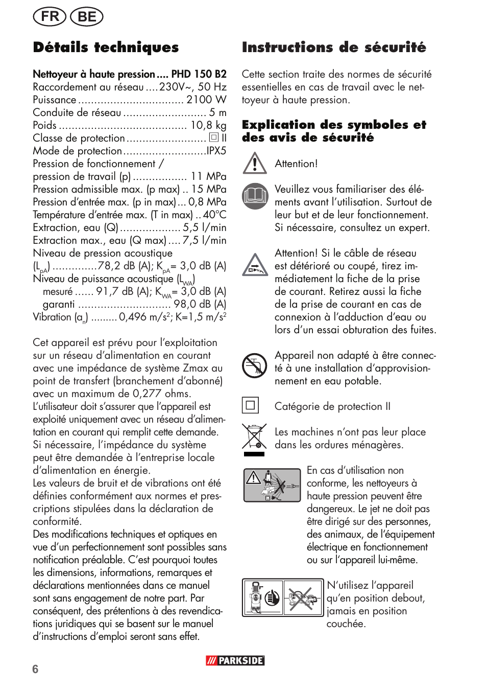 Be fr détails techniques, Instructions de sécurité | Parkside PHD 150 B2 User Manual | Page 6 / 54