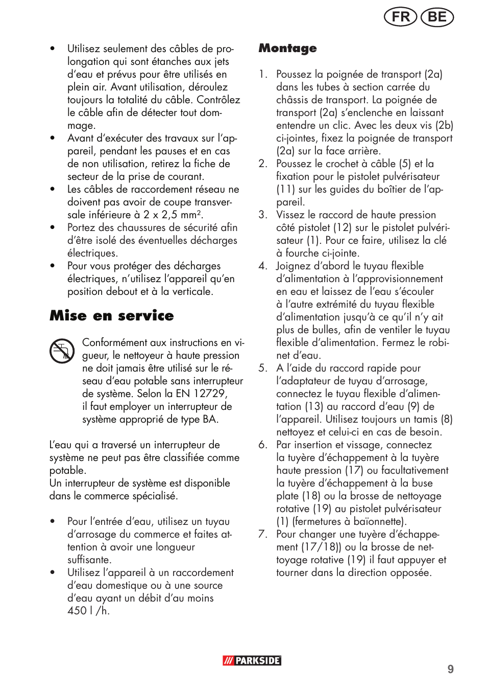 Be fr, Mise en service | Parkside PHD 150 B2 User Manual | Page 9 / 54