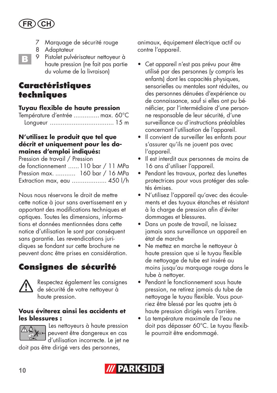 Caractéristiques techniques, Consignes de sécurité, Fr ch | Parkside Pipe Cleaning Set User Manual | Page 10 / 30