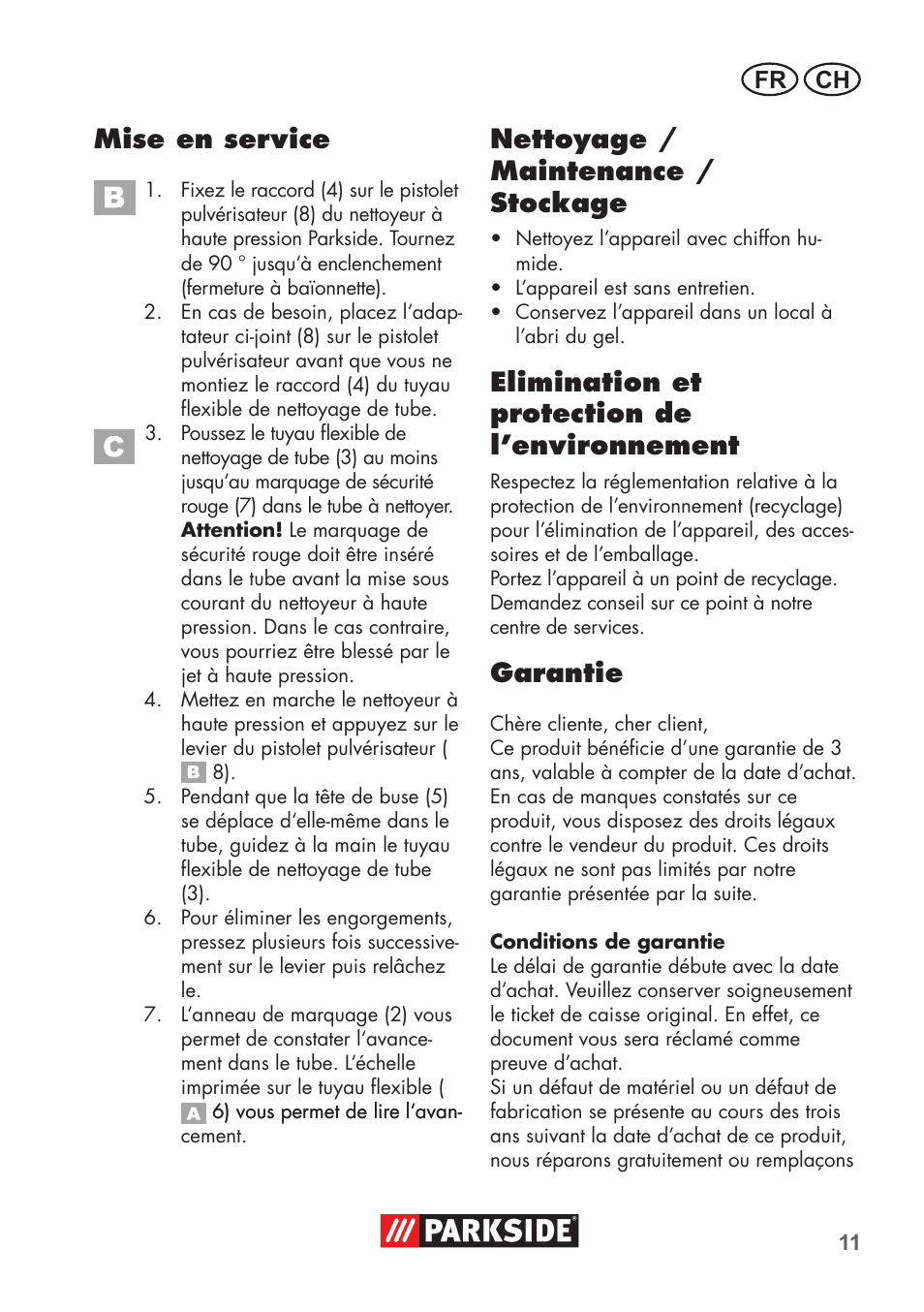 Mise en service, Nettoyage / maintenance / stockage, Elimination et protection de l’environnement | Garantie | Parkside Pipe Cleaning Set User Manual | Page 11 / 30