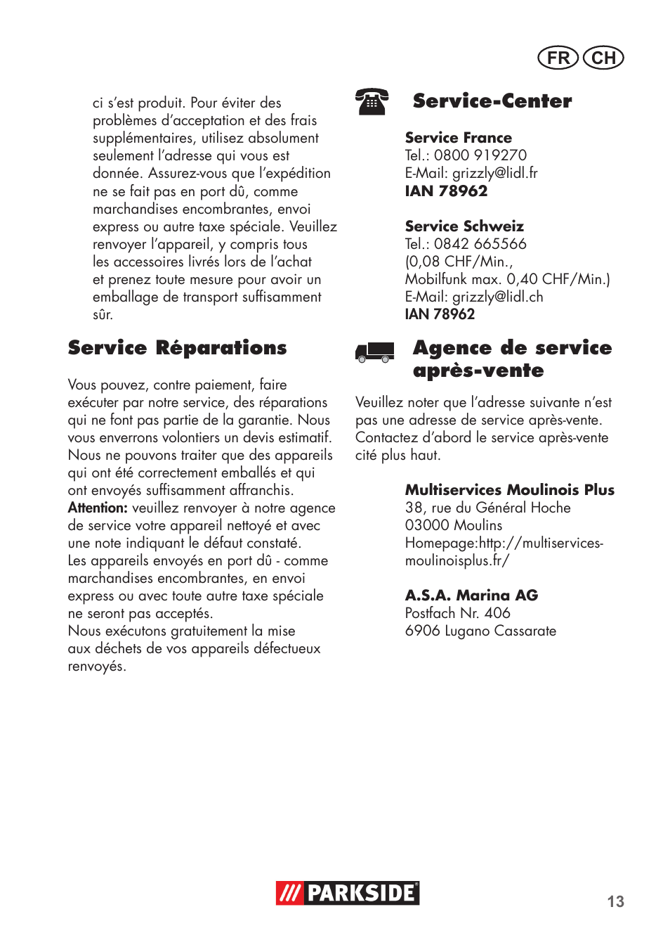 Service réparations, Service-center, Agence de service après-vente | Parkside Pipe Cleaning Set User Manual | Page 13 / 30