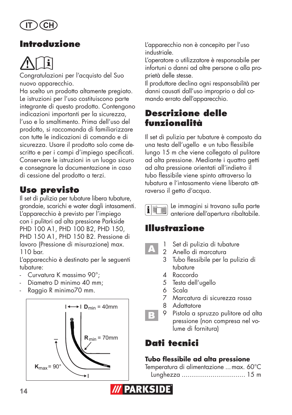 Introduzione, Uso previsto, Descrizione delle funzionalità | Illustrazione, Dati tecnici, It ch | Parkside Pipe Cleaning Set User Manual | Page 14 / 30