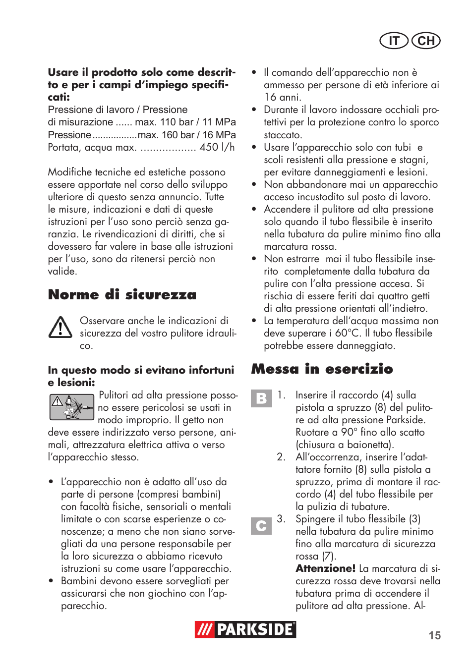 Norme di sicurezza, Messa in esercizio, It ch | Parkside Pipe Cleaning Set User Manual | Page 15 / 30