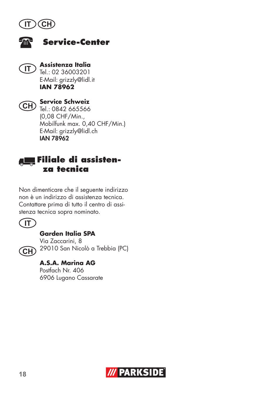 Service-center, Filiale di assisten- za tecnica | Parkside Pipe Cleaning Set User Manual | Page 18 / 30