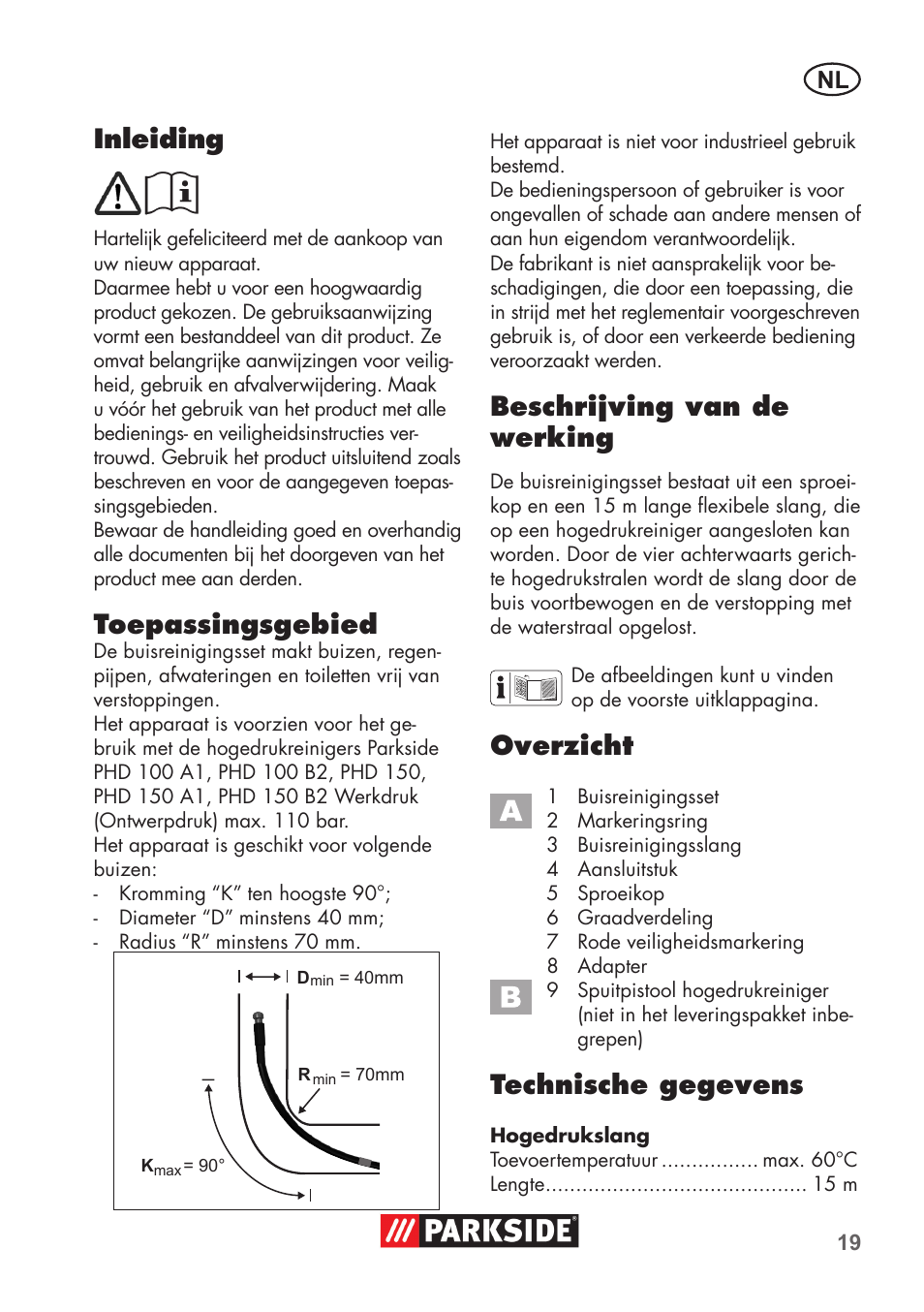 Inleiding, Toepassingsgebied, Beschrijving van de werking | Overzicht, Technische gegevens | Parkside Pipe Cleaning Set User Manual | Page 19 / 30