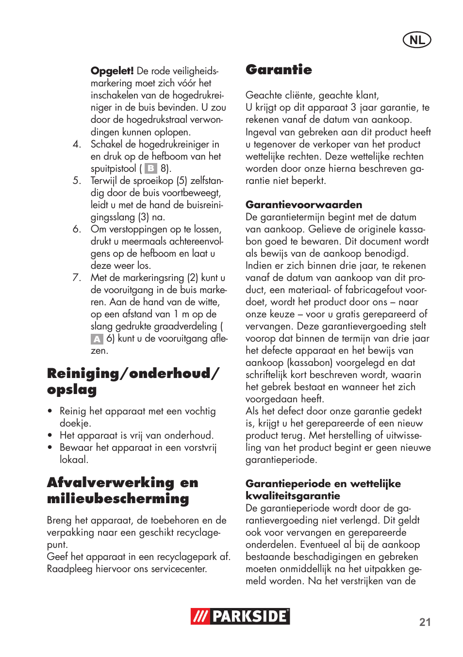 Reiniging/onderhoud/ opslag, Afvalverwerking en milieubescherming, Garantie | Parkside Pipe Cleaning Set User Manual | Page 21 / 30