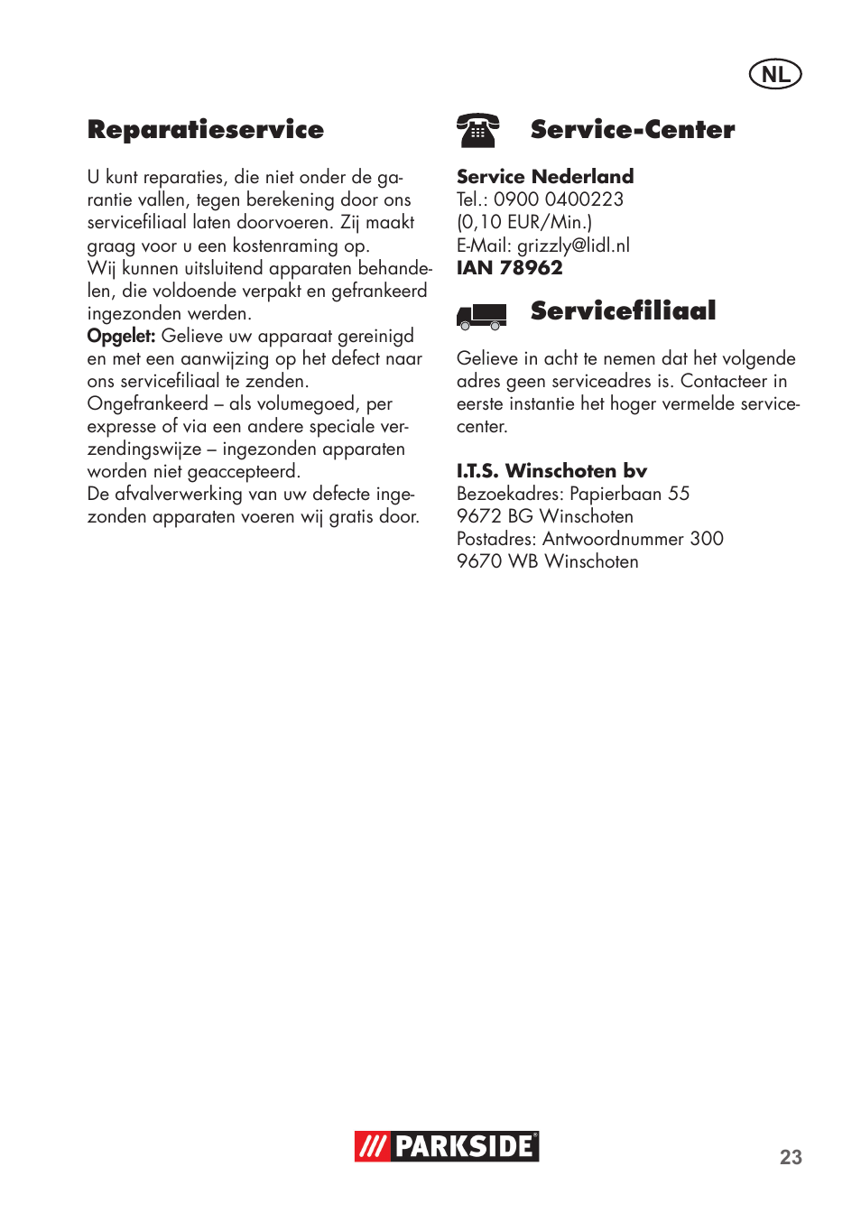 Reparatieservice, Service-center, Servicefiliaal | Parkside Pipe Cleaning Set User Manual | Page 23 / 30
