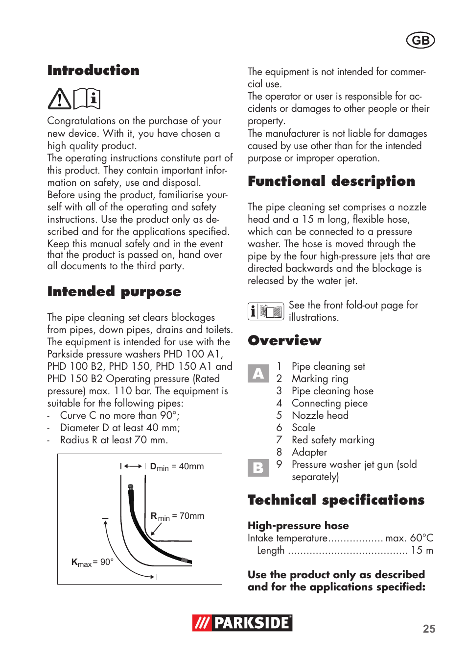 Introduction, Intended purpose, Functional description | Overview, Technical specifications | Parkside Pipe Cleaning Set User Manual | Page 25 / 30