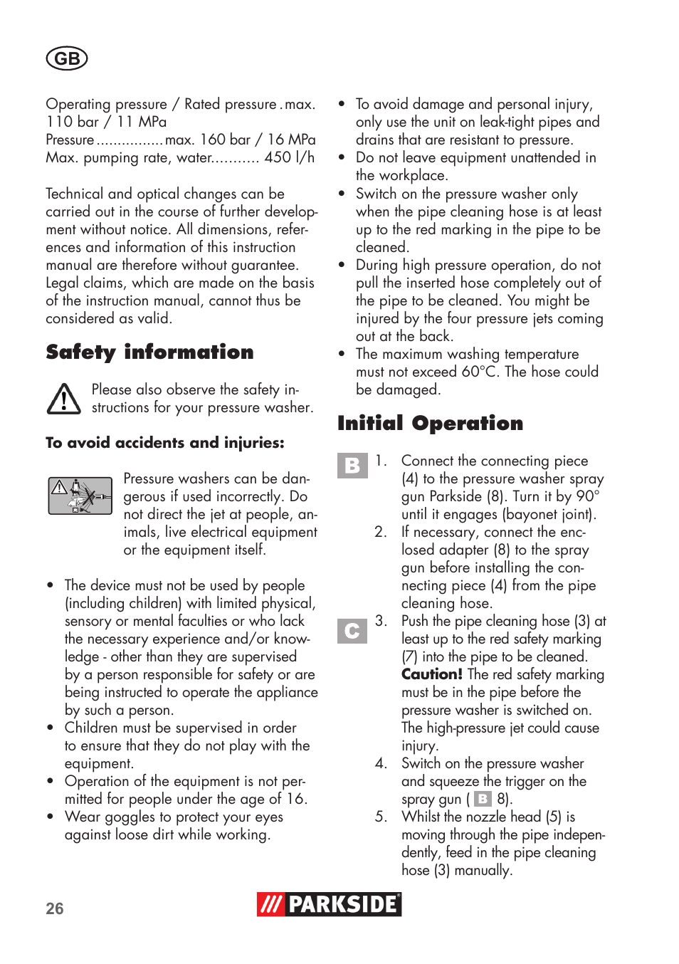 Safety information, Initial operation | Parkside Pipe Cleaning Set User Manual | Page 26 / 30