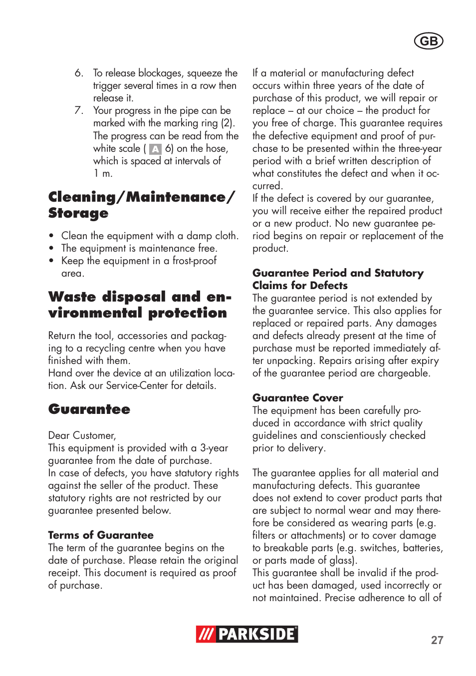 Cleaning/maintenance/ storage, Waste disposal and en- vironmental protection, Guarantee | Parkside Pipe Cleaning Set User Manual | Page 27 / 30