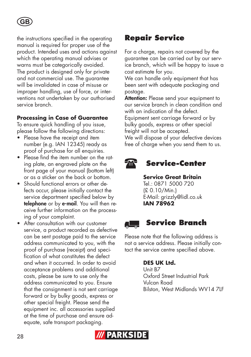 Repair service, Service-center, Service branch | Parkside Pipe Cleaning Set User Manual | Page 28 / 30